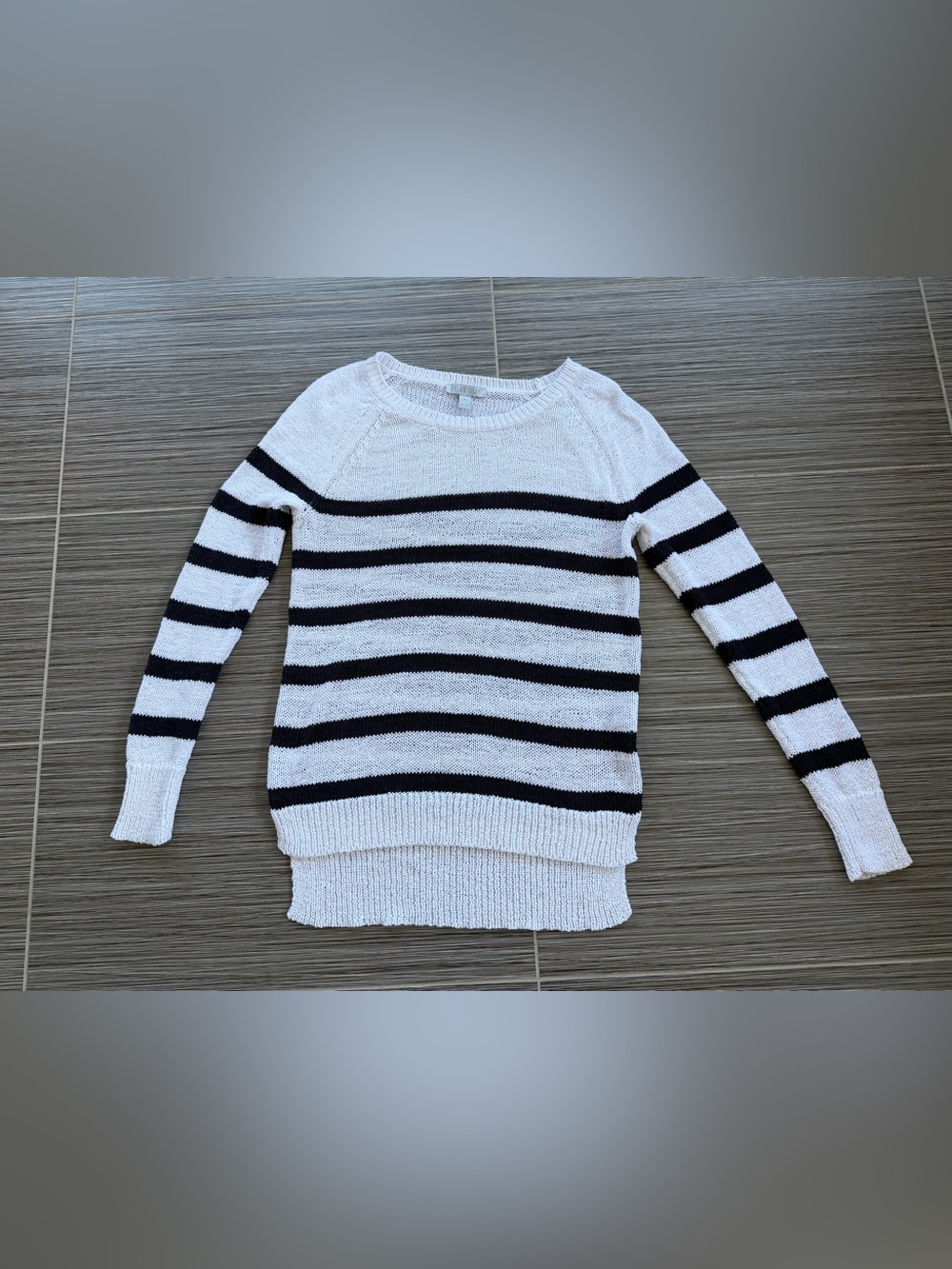 Striped White and Navy Crewneck Women's Cotton blend Sweater